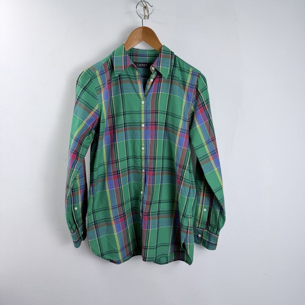 Lauren Ralph Lauren Black Label Linen Shirt Women's Small Plaid Roll Tab